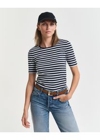 Gant Damen T-Shirt "SLIM STRIPED 1X1 RIBBED KA T-SHIRT", blau, casual, Gr. L, gestreift, Jersey, Obermaterial: 95% Baumwolle, 5% Elasthan, Shirts,