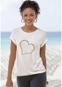 Lascana Damen Kurzarmshirt "mit Lascana Herz Print", beige, modisch, Gr. 36, bedruckt, Single Jersey, Obermaterial: 95% Viskose (LENZING ECOVERO), 5%