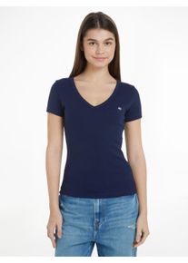 Tommy Jeans Damen T-Shirt "TJW SLIM ESSENTIAL RIB V SS", blau, casual, Gr. XL, unifarben, Rippware, Obermaterial: 95% Baumwolle, 5% Elasthan, Shirts,