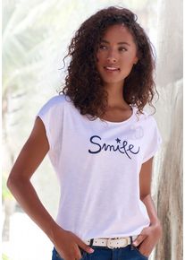 Beach Time BEACHTIME Damen T-Shirt "mit Frontdruck "Smile"", weiß, modisch, Gr. 36, bedruckt, Obermaterial: 100% Baumwolle, Shirts, aus weicher Baumwoll-Qualität