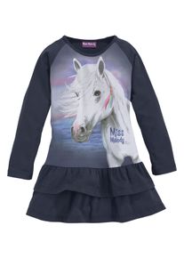 Miss Melody Mädchen Jerseykleid, blau, Gr. 92, bedruckt, Single Jersey, Obermaterial: 95% Baumwolle, 5% Elasthan, Kleider, toller Frontdruck mit