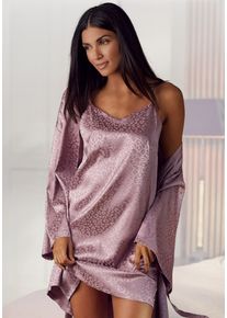 Lascana Damen Negligé, Gr. 32, lila, Satin, Obermaterial: 95% Polyester, 5% Elasthan, unifarben, Jacquardmuster, elegant, Kleider, mit Leo-Muster