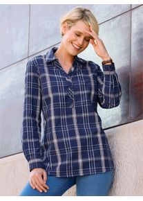 Classic Basics Damen Longbluse, blau, Gr. 42, gemustert, kariert, mehrfarbig, 65% Polyester, 35% Baumwolle, Blusen