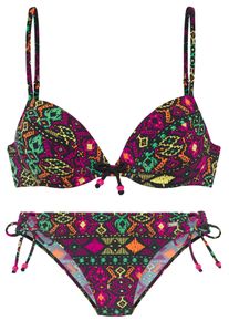 Buffalo Damen Push-Up-Bikini, schwarz, Gr. 34, Microfaser, Bikini-Sets, farbenfroher Ethnodruck