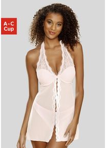 Lascana Damen Negligé, Gr. 80, beige, Spitze, Netz, Obermaterial: 77% Polyamid, 17% Polyester, 6% Elasthan, feminin, Kleider, mit Vorderverschluss,