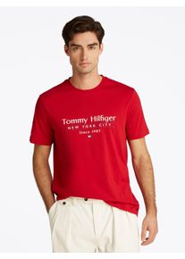 Tommy Hilfiger Herren T-Shirt "HILFIGER CENTER STACK TEE", rot, casual, Gr. S, Single Jersey, Obermaterial: 100% Baumwolle, Shirts, mit großem