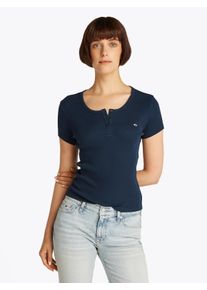 Tommy Jeans Damen T-Shirt "TJW SLIM BUTTON RIB C-NECK SS", blau, casual, Gr. L, unifarben, Rippware, Obermaterial: 100% Baumwolle, Shirts, mit Knöpfen
