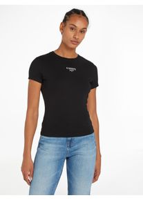 Tommy Jeans Damen Rundhalsshirt "TJW SLIM ESSENTIAL LOGO 1 SS EXT", schwarz, casual, Gr. XS, unifarben, bedruckt, Single Jersey, Obermaterial: 60%