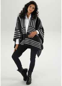 Damen Strickponcho, schwarz, modisch, Gr. 1, Aniston SELECTED, gestreift, Jacquardmuster, Strick, Obermaterial: 100% Polyacryl, Pullover, Cape mit