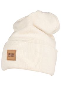 Urban Classics Damen Beanie "Urban Classics Unisex Synthetic Leatherpatch Long Beanie", beige, Kunstfaser, Mützen
