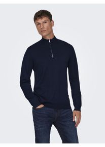 Only & Sons ONLY & SONS Herren Strickpullover "ONSWYLER LIFE REG 14 HALF ZIP KNIT NOOS", blau, Basic, Gr. S, unifarben, Strick, Obermaterial: 78% Viskose, 22%