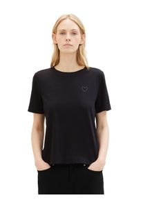 Tom Tailor Damen Rundhalsshirt, schwarz, casual, Gr. M, unifarben, Obermaterial: 100% Baumwolle, Shirts, mit Herzmotiv als Frontprint