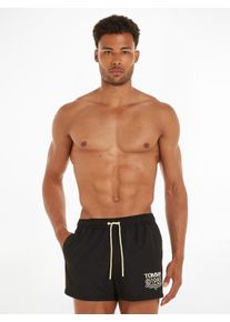 Herren Badeshorts "SF SHORT DRAWSTRING", schwarz, casual, Gr. L, Tommy Hilfiger Swimwear, unifarben, Polyester, Badehosen, mit kultigem Logoschriftzug