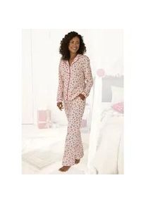 Schlafanzug Lascana, Damen, Gr. 32/34, rot (ecru, tiefrot), Single Jersey, Obermaterial: 100% Baumwolle, gemustert, festlich, Basic lang, V-Ausschnitt, Manschette, Homewear-Sets Schlafanzug, mit winterlichem Alloverprint