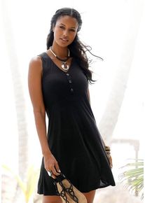 Lascana Strandkleid schwarz Gr. 34 für Damen. V-Ausschnitt und Kunststoffknöpfe. Figurumspielend