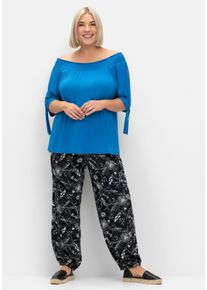 Große Größen Weite Hose mit Blätterprint und breitem Smokbund Gr. 48 schwarz von sheego für Damen
