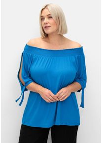 Große Größen Carmenshirt mit Smokeinsatz und längerem Halbarm Gr. 56/58 blau von sheego für Damen