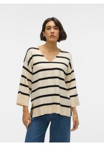 Véro Moda VERO MODA Damen V-Ausschnitt-Pullover "VMSABA 3/4 V-NCK STRIPE PULLOVER GA NOOS", beige, modisch, Gr. S, gestreift, Strick, Obermaterial: 50%