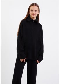 Gulliver Damen Strickpullover, schwarz, casual, Gr. 152, unifarben, 50% Viskose, 45% Baumwolle, 5% Wolle, Pullover, mit Front-Reißverschluss