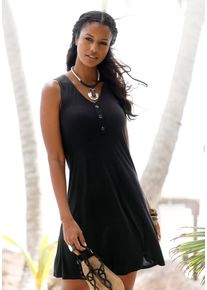 Lascana Damen Strandkleid, schwarz, casual, Gr. 46, Jersey, Obermaterial: 100% Viskose, Kleider, mit Zierknöpfen am Ausschnitt, kurzes Sommerkleid,