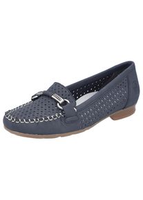 Rieker Damen Mokassin, Gr. 42, blau, Nubuklederimitat, elegant, Schuhe, Slipper, Sommerschuh mit toller Schmuckspange
