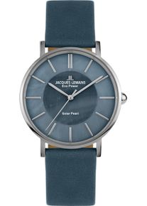 Jacques Lemans Damen Solaruhr "Eco Power Solar Pearl, 1-2112B", blau, Armbanduhren, Armbanduhr, Damenuhr, Perlmutt-Zifferblatt, Lederarmband