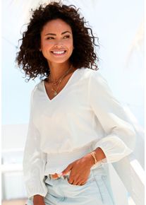 Buffalo Damen Langarmbluse, beige, modisch, Gr. 34, unifarben, Web, Obermaterial: 100% Viskose, Blusen, mit breitem Smoksaum, sommerliche Damenbluse
