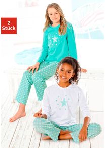 Petite Fleur Kinder Pyjama, Gr. 122, grün, Jersey, Obermaterial: 100% Baumwolle, bedruckt, Basic, Homewear-Sets, in langer Form mit Sternen Print