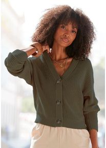 Lascana Strickjacke beige Gr. 44/46 für Damen. Mit V-Ausschnitt. Figurumspielend. Nachhaltig.