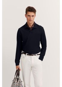 Langarm-Poloshirt Bugatti, Herren, Gr. L, 390, marine, 100% Baumwolle, unifarben, casual, normal, ohne Ausschnitt, Langarm Rippbündchen, Shirts, mit langen Ärmeln