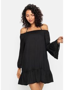 Lascana Longbluse schwarz Gr. 32/34 für Damen. Carmenausschnitt und Spitzenbänder. Figurumspielend. Nachhaltig.