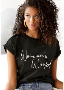 Lascana T-Shirt schwarz Gr. 44/46 für Damen. Rundhals und Druck. Figurumspielend. Nachhaltig.