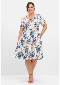 Große Größen Cocktailkleid mit Blumenprint und Stoffgürtel Gr. 54 beige geblümt von sheego für Damen