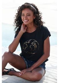 Vivance Rundhalsshirt 'mit goldfarben schimmerndem Frontprint' schwarz Gr. 32/34 für Damen. Rundhals und Print. Bequem. Nachhaltig.