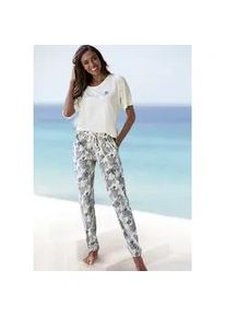 Pyjama Vivance DREAMS, Damen, Gr. 44/46, beige (creme, gemustert), Single Jersey, Obermaterial: 60% Baumwolle, 40% Polyester, gemustert, unifarben, bequem lang, Rundhals, abgesteppt, Homewear-Sets Pyjama, Allover-Druck