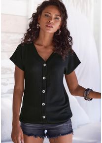 Lascana Damen Kurzarmshirt "mit Zierknopfleiste", schwarz, modisch, Gr. 36, unifarben, Piquu00e9, Obermaterial: 69% Polyester (REPREVE), 28% Viskose,