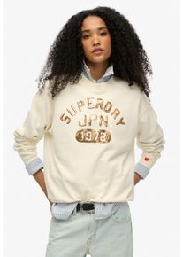 Superdry Damen Sweatshirt "EMBELLISHED VARSITY LOOSE CREW", beige, casual, Gr. L, bedruckt, Sweatware, Obermaterial: 100% Baumwolle, Sweatshirts