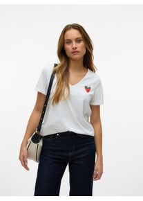 Véro Moda VERO MODA Damen Kurzarmshirt "VMBITONA S/S V-NECK T-SHIRT JRS BTQ GA"snow weiß print:strawberry print, modisch, Gr. S, bedruckt, Jersey,