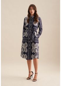 Seidensticker Damen Sommerkleid "Schwarze Rose", blau, Gr. 44, bedruckt, 100% Viskose, Kleider, Langarm Kragen Tuchprint