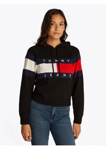 Tommy Jeans Damen Kapuzenpullover "TJW CENTER FLAG HOOD SWEATER EXT", schwarz, casual, Gr. S, kontrastfarbene Details, Strick, Obermaterial: 50%