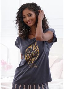 Lascana Damen Pyjamaoberteil, Gr. 32, grau, Single Jersey, Obermaterial: 50% Baumwolle, 50% Viskose, unifarben, Basic, Shirts, mit Folienprint