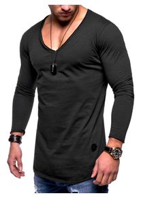 behype Herren Langarmshirt "NUKE L/S", schwarz, casual, Gr. M, unifarben, 100% Baumwolle, Shirts, mit V-Ausschnitt