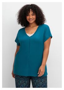 sheego Damen T-Shirt "Große Größen", blau, casual, Gr. 56, unifarben, Obermaterial: 100% Viskose (LENZING ECOVERO), Shirts, mit V-Ausschnitt und