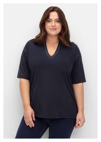 sheego Damen T-Shirt "Große Größen", blau, elegant, Gr. 56, unifarben, Obermaterial: 50% Baumwolle, 50% Modal, Shirts, mit Glitzersteinen am
