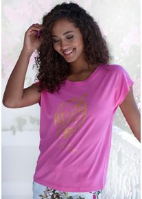 Lascana Damen Pyjamaoberteil, Gr. 32, pink, Single Jersey, Obermaterial: 50% Baumwolle, 50% Viskose, unifarben, Basic, Shirts, mit Folienprint
