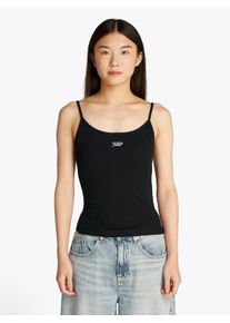 Tommy Jeans Damen Spaghettitop "TJW SCRIPT STRAPPY TOP", schwarz, Basic, Gr. XL, unifarben, Single Jersey, Obermaterial: 95% Baumwolle, 5% Elasthan,