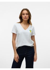 Véro Moda VERO MODA Damen Kurzarmshirt "VMBITONA S/S V-NECK T-SHIRT JRS BTQ GA"snow weiß print:lemon print, modisch, Gr. S, bedruckt, Jersey, Obermaterial: