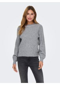 Only Damen Rundhalspullover "ONLGAIDA LIFE LS EMB O-NECK CC KNT", grau, modisch, Gr. S, meliert, Strick, Rippstrick, Obermaterial: 55% Polyester, 30%