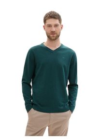 Tom Tailor Herren V-Ausschnitt-Pullover, grün, casual, Gr. S, Strick, Obermaterial: 100% Baumwolle, Pullover, mit kleiner Logo-Stickerei