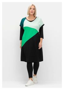 sheego Damen Jerseykleid "Große Größen", schwarz, casual, Gr. 56, gemustert, Obermaterial: 50% Baumwolle, 50% Modal, Kleider, mit Grafikprint vorn